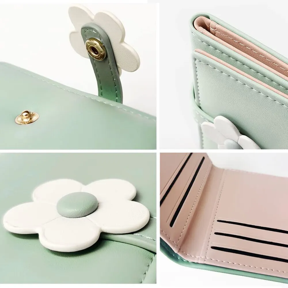 Cute Flower Tri-folded Wallet for Girls Women Tri-folded Wallet Cash Pocket Flowers PU Leather Print Card Holder Coin Purse with ID Window 6