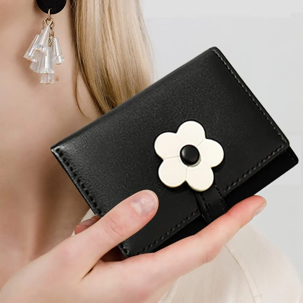 Cute Flower Tri-folded Wallet for Girls Women Tri-folded Wallet Cash Pocket Flowers PU Leather Print Card Holder Coin Purse with ID Window 4