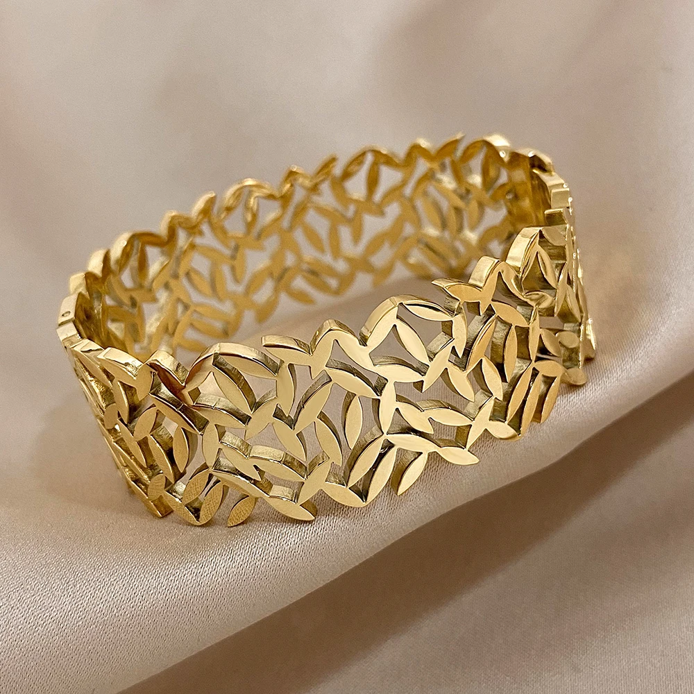 Gold Leaf Wide Stainless Steel Bangle 6
